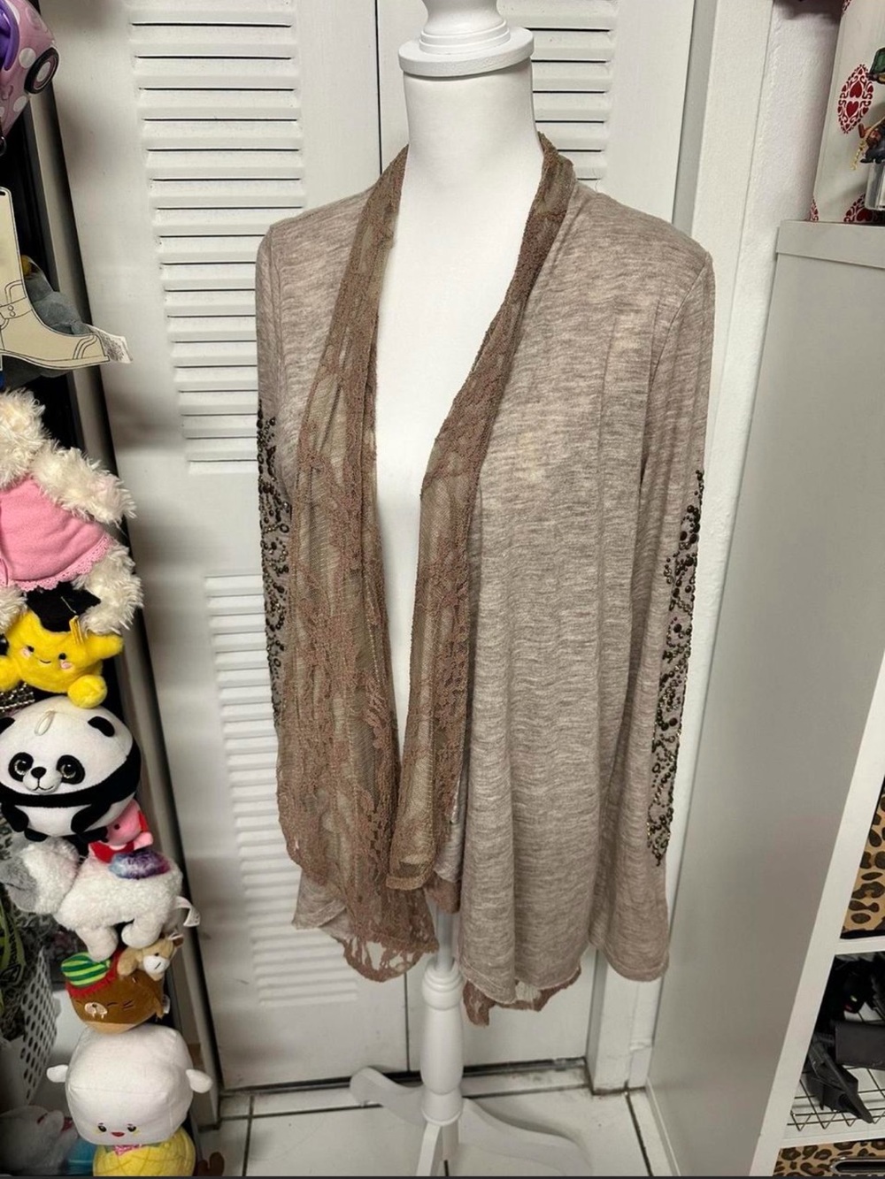 Miss Me Beige Lace-Trim Open Front Cardigan